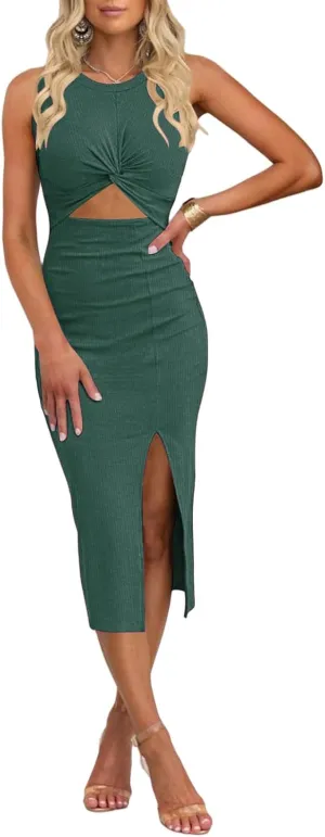Womens Casual Sleeveless Dresses Cutout Twist Front Side Slit Bodycon Midi Dress Summer Crewneck Tank Top Dress