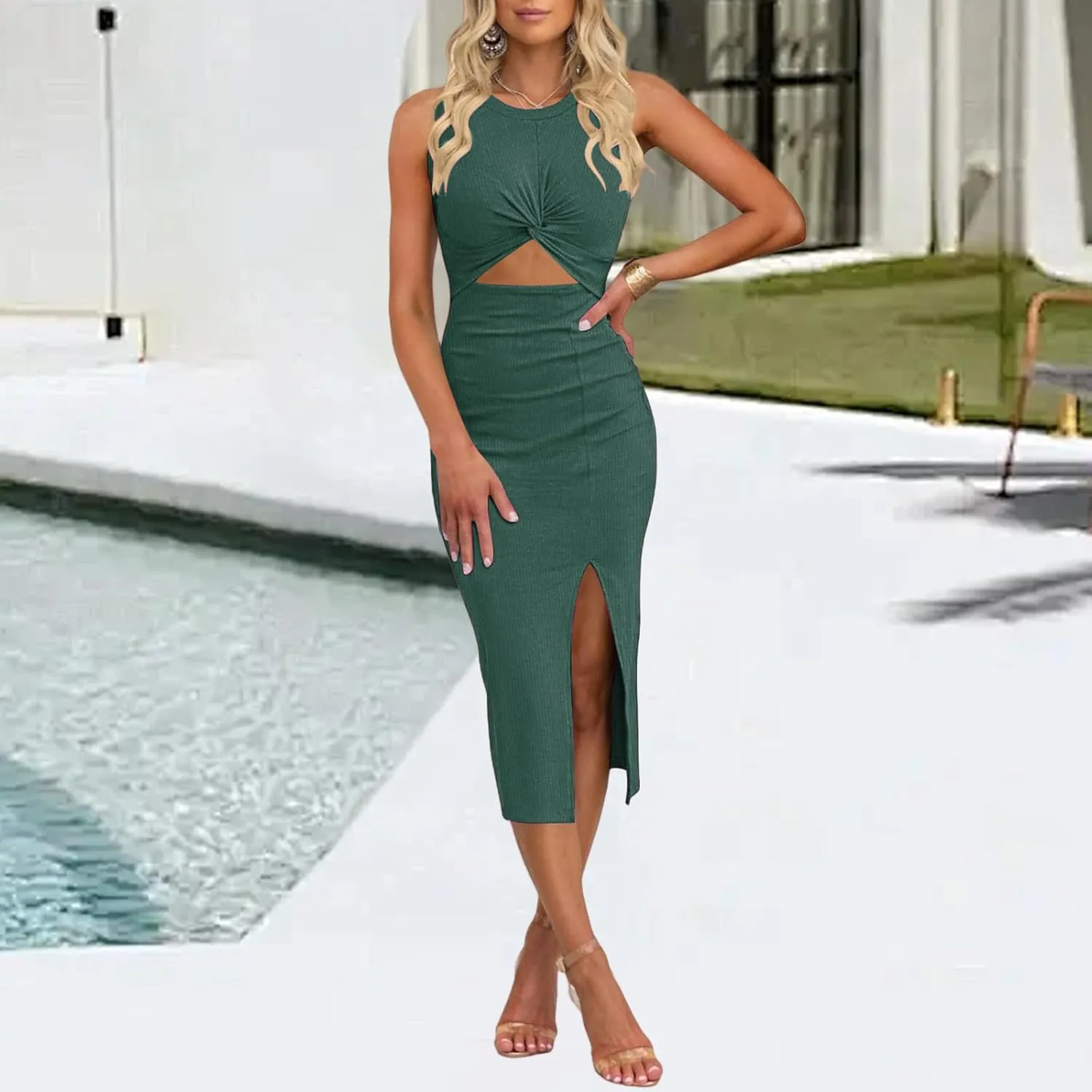 Womens Casual Sleeveless Dresses Cutout Twist Front Side Slit Bodycon Midi Dress Summer Crewneck Tank Top Dress