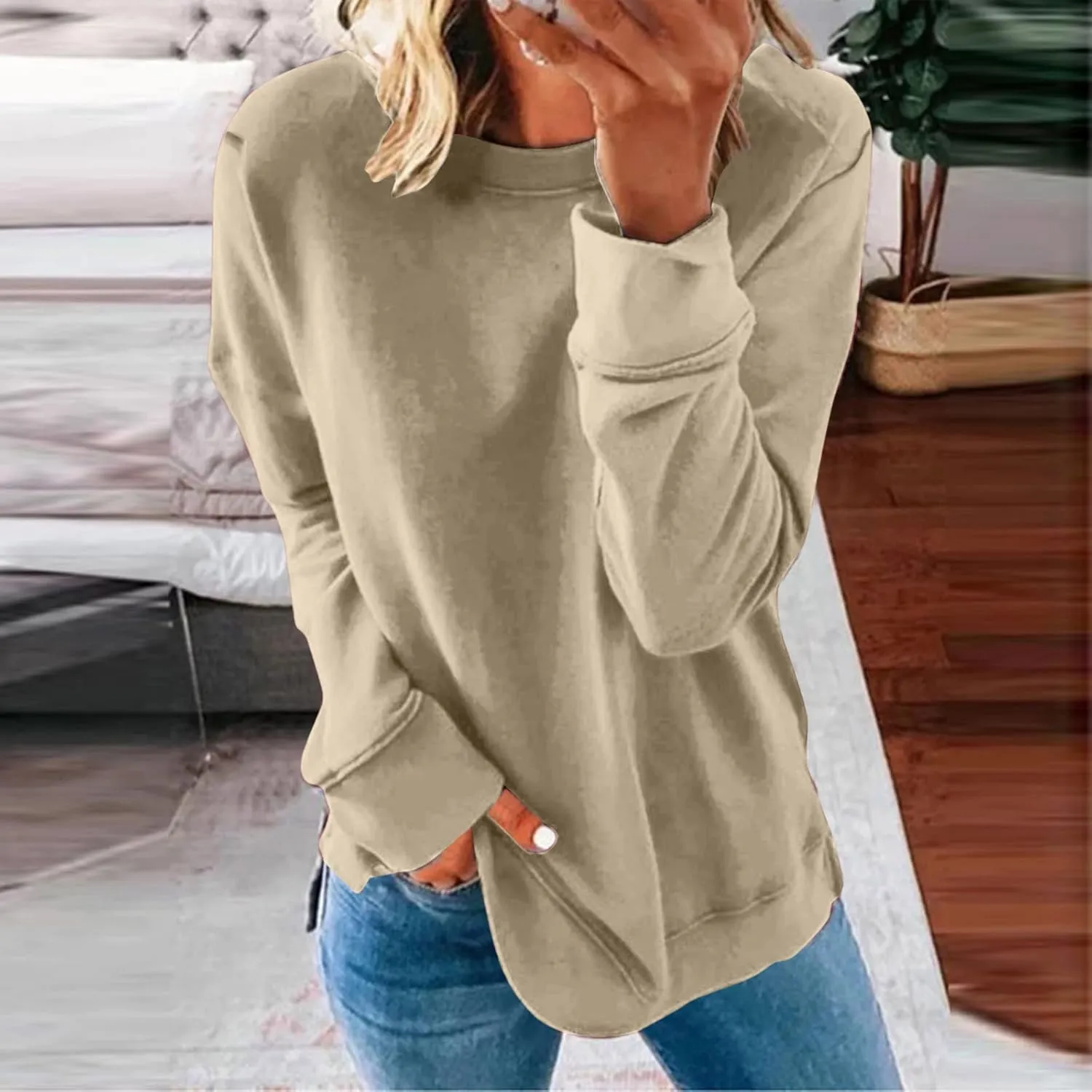 Womens Casual Sweatshirt Crewneck Loose Plain Pullover Tee Fashion Long Sleeve Lightweight Home Cozy Tunics Blouse