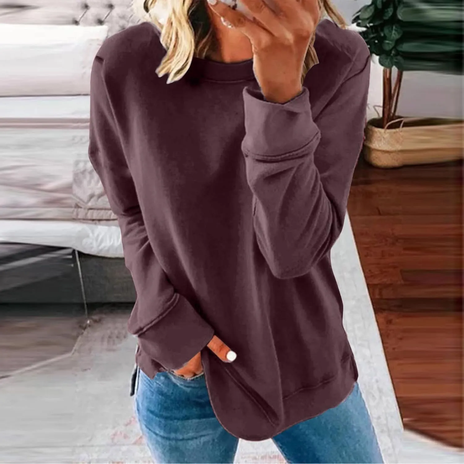 Womens Casual Sweatshirt Crewneck Loose Plain Pullover Tee Fashion Long Sleeve Lightweight Home Cozy Tunics Blouse