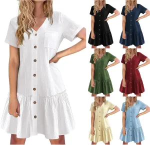 Womens Cotton Linen Dress Summer Casual T-Shirt Dresses Short Sleeve V Neck Ruffle Dress 2025 A Line Dresses Pockets