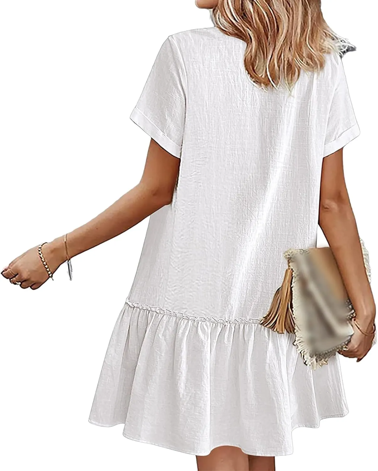Womens Cotton Linen Dress Summer Casual T-Shirt Dresses Short Sleeve V Neck Ruffle Dress 2025 A Line Dresses Pockets
