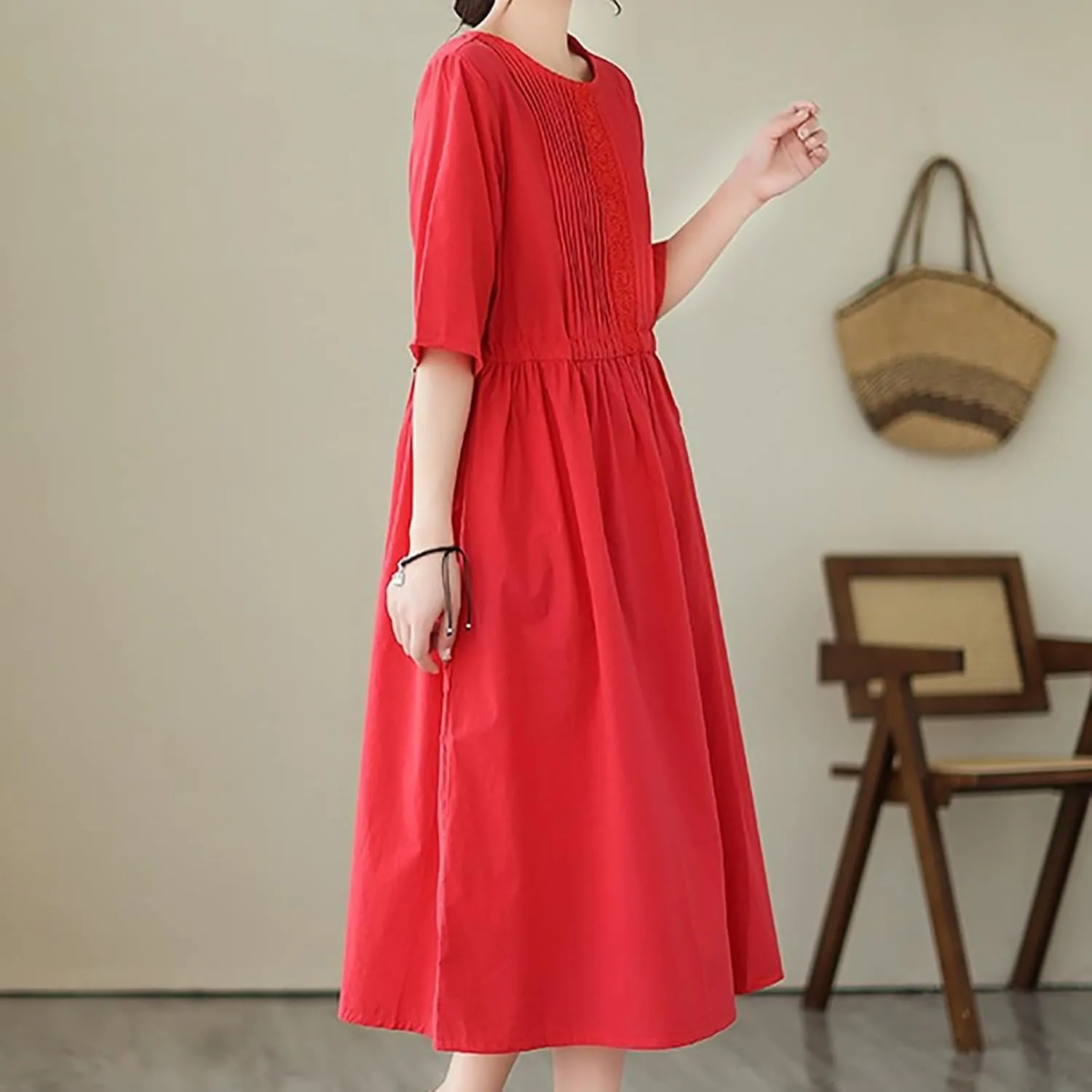 Women's Cotton Linen Midi Dress Vintage Casual Short Sleeve Pleated Front Drawstring Tie Waist Summer Vacation Dresses