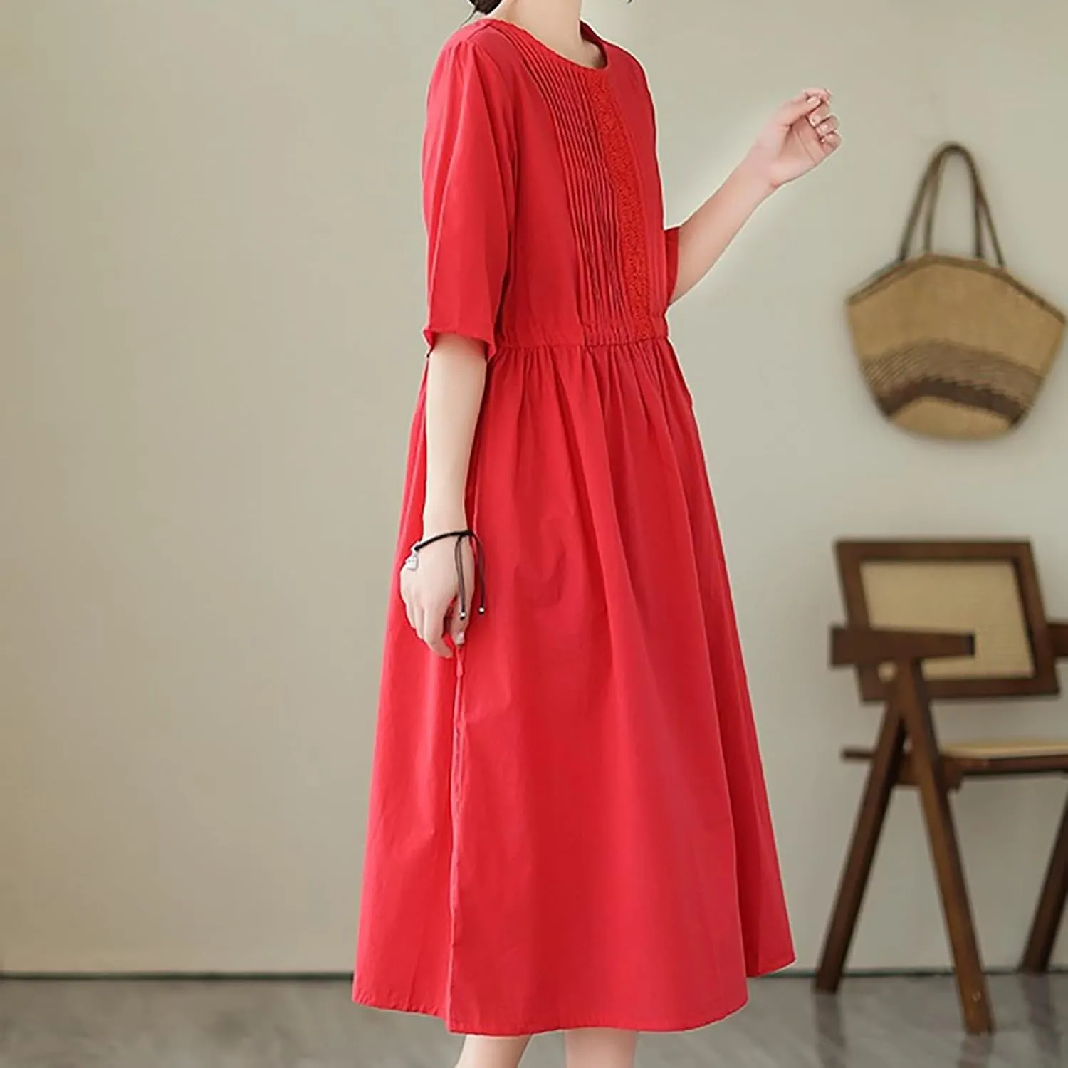 Women's Cotton Linen Midi Dress Vintage Casual Short Sleeve Pleated Front Drawstring Tie Waist Summer Vacation Dresses