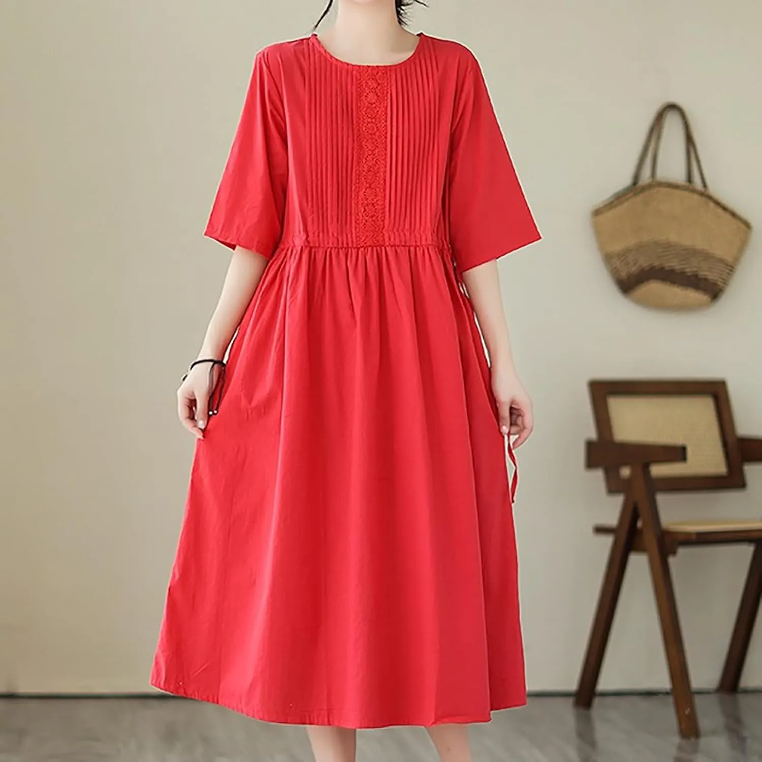 Women's Cotton Linen Midi Dress Vintage Casual Short Sleeve Pleated Front Drawstring Tie Waist Summer Vacation Dresses