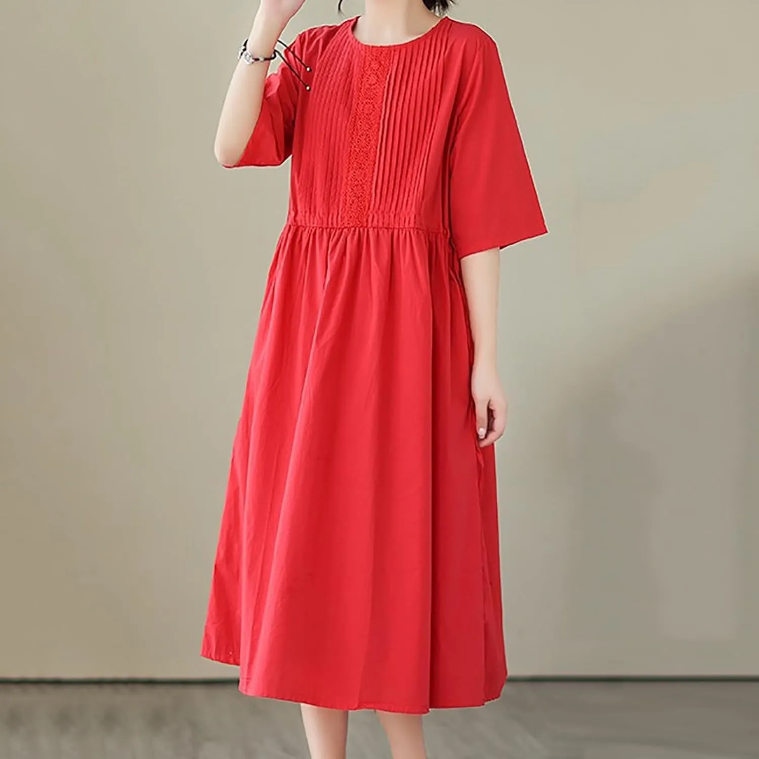 Women's Cotton Linen Midi Dress Vintage Casual Short Sleeve Pleated Front Drawstring Tie Waist Summer Vacation Dresses
