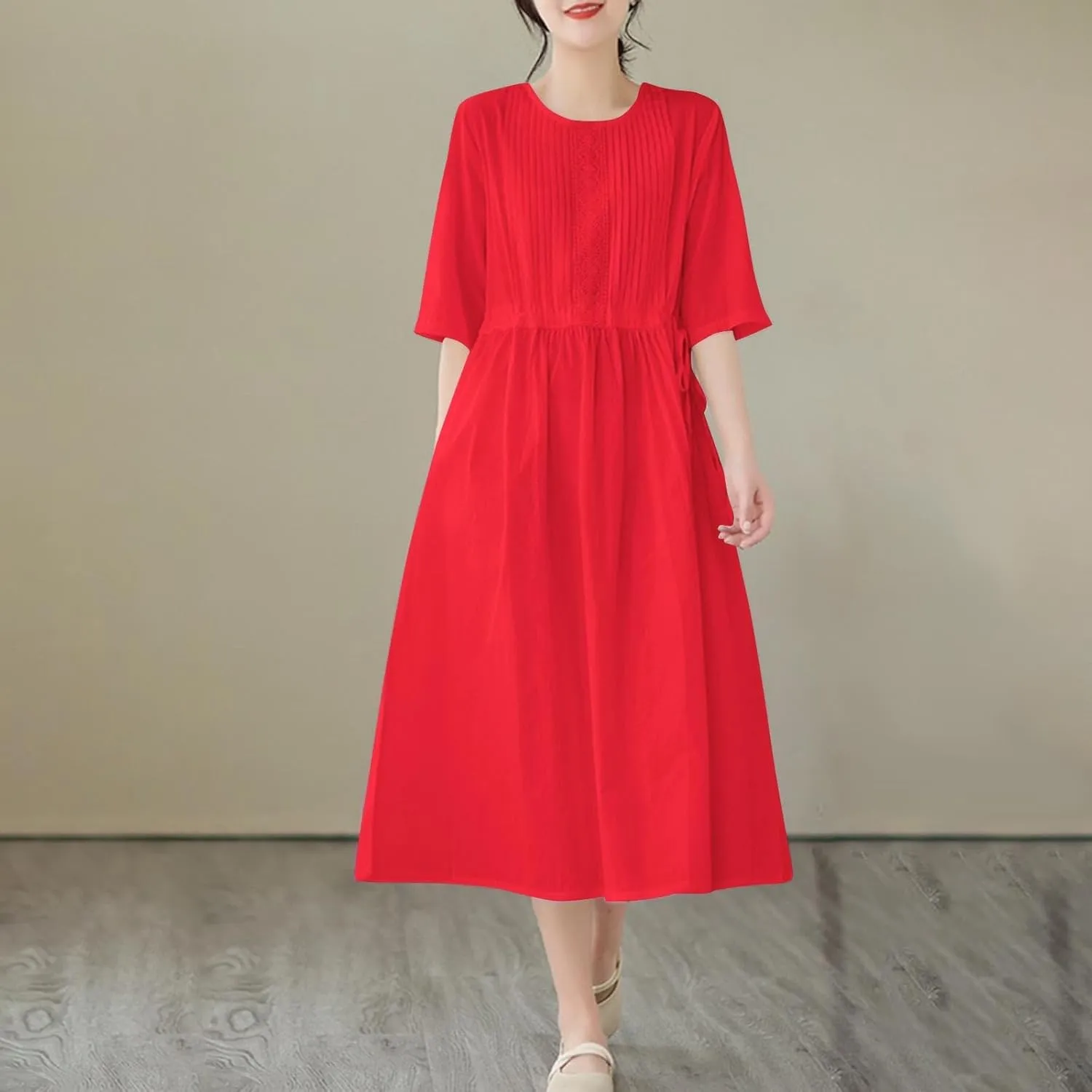 Women's Cotton Linen Midi Dress Vintage Casual Short Sleeve Pleated Front Drawstring Tie Waist Summer Vacation Dresses