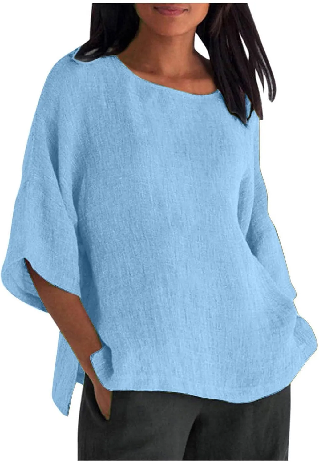 Womens Cotton Linen Shirts Casual Lightweight Gauze Tunics Tops Crewneck Blouses Spring Fashion Loose Shirts Clothing