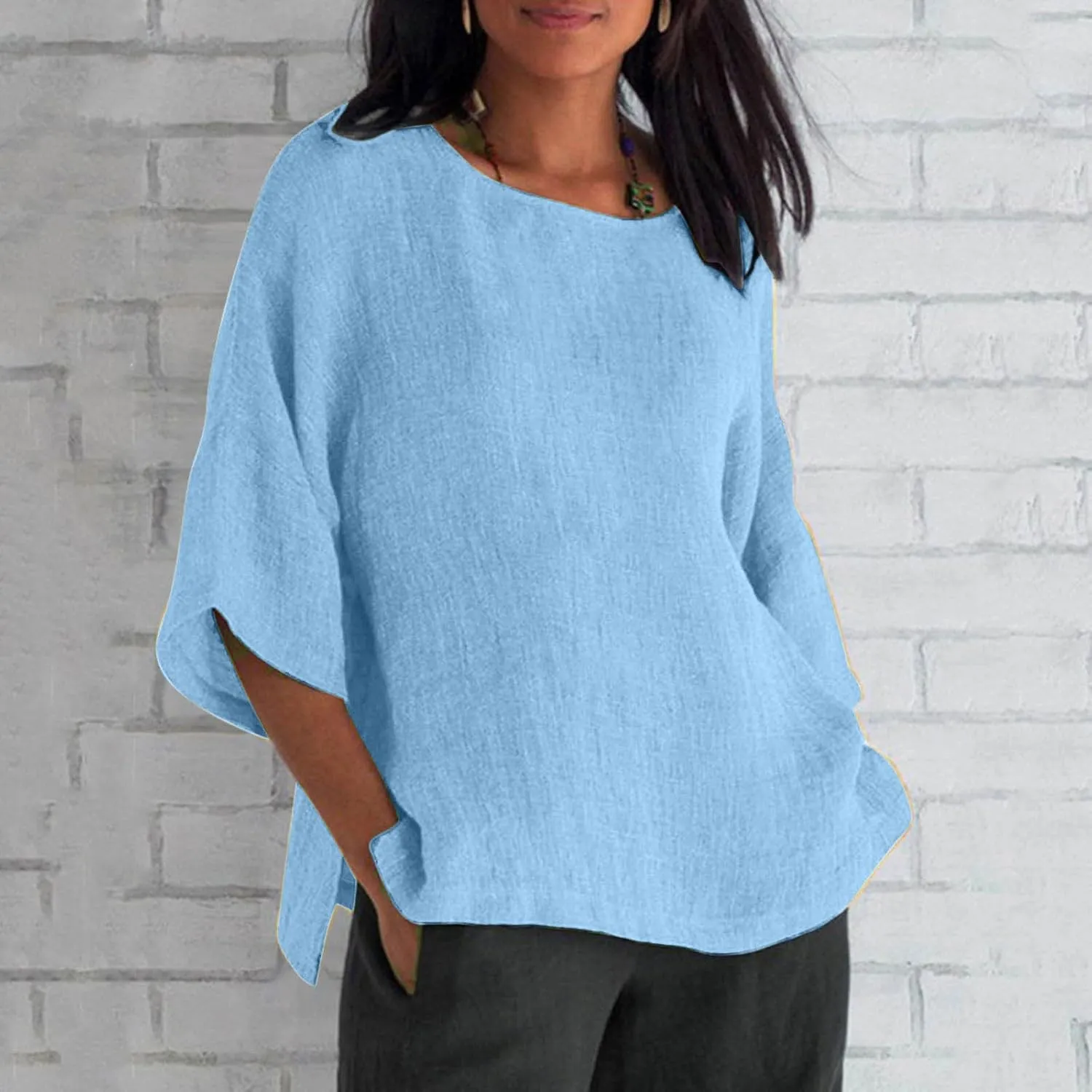 Womens Cotton Linen Shirts Casual Lightweight Gauze Tunics Tops Crewneck Blouses Spring Fashion Loose Shirts Clothing