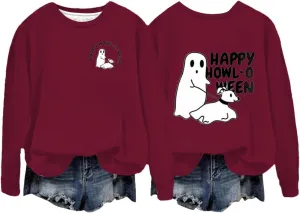 Womens Cute Hoodie Hoodless Crewneck Loose Halloween Print Long Sleeve Tunics Outdoor Exercise Pullover Sweatshirts