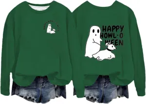 Womens Cute Hoodie Hoodless Crewneck Loose Halloween Print Long Sleeve Tunics Outdoor Exercise Pullover Sweatshirts