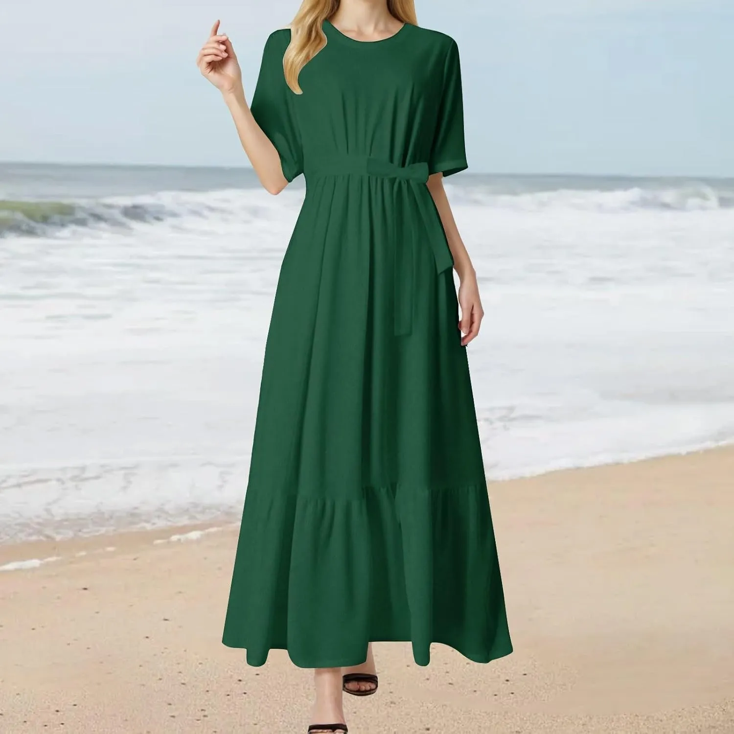 Women's Dresses Casual Summer Tiered Midi Dress Short Sleeve Belted Ruffle Babydoll Boho Sundress with Pockets