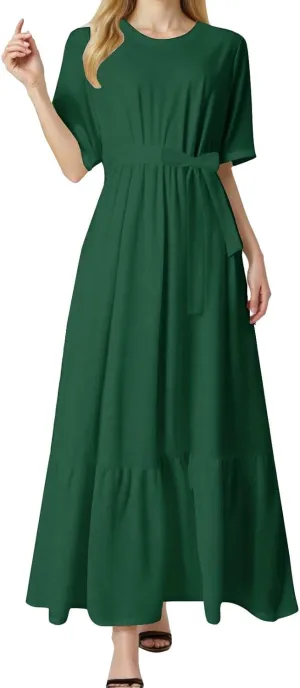 Women's Dresses Casual Summer Tiered Midi Dress Short Sleeve Belted Ruffle Babydoll Boho Sundress with Pockets