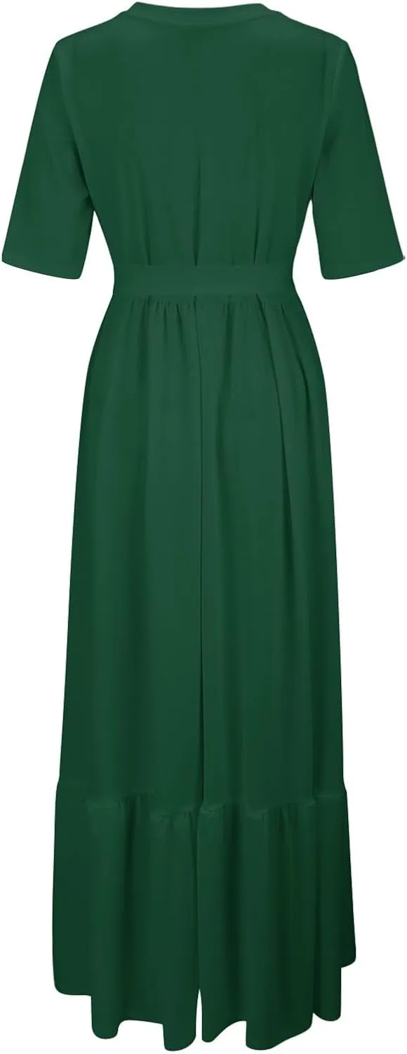 Women's Dresses Casual Summer Tiered Midi Dress Short Sleeve Belted Ruffle Babydoll Boho Sundress with Pockets