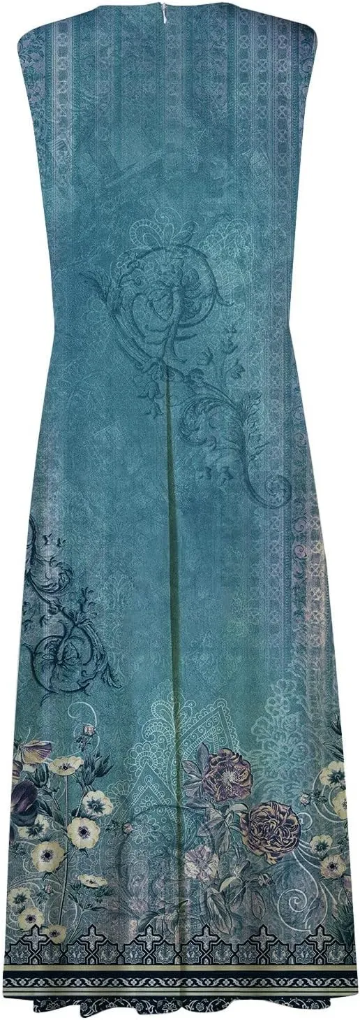 Womens Dresses High Waiste Printed Sundresses Deep V Neck Sleeveless Dresses Flowy Stylish Dresses Retro Maxi Dress
