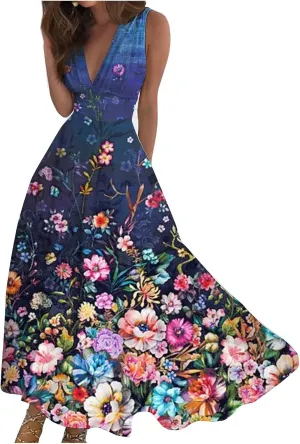 Womens Dresses High Waiste Printed Sundresses Deep V Neck Sleeveless Dresses Flowy Stylish Dresses Retro Maxi Dress