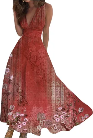 Womens Dresses High Waiste Printed Sundresses Deep V Neck Sleeveless Dresses Flowy Stylish Dresses Retro Maxi Dress