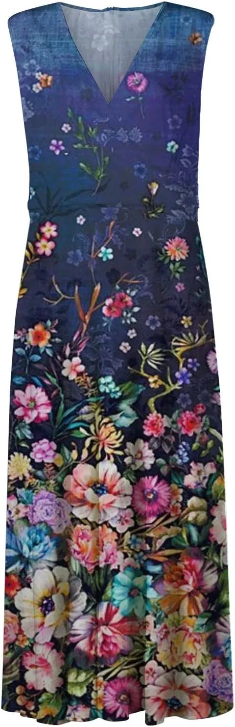 Womens Dresses High Waiste Printed Sundresses Deep V Neck Sleeveless Dresses Flowy Stylish Dresses Retro Maxi Dress