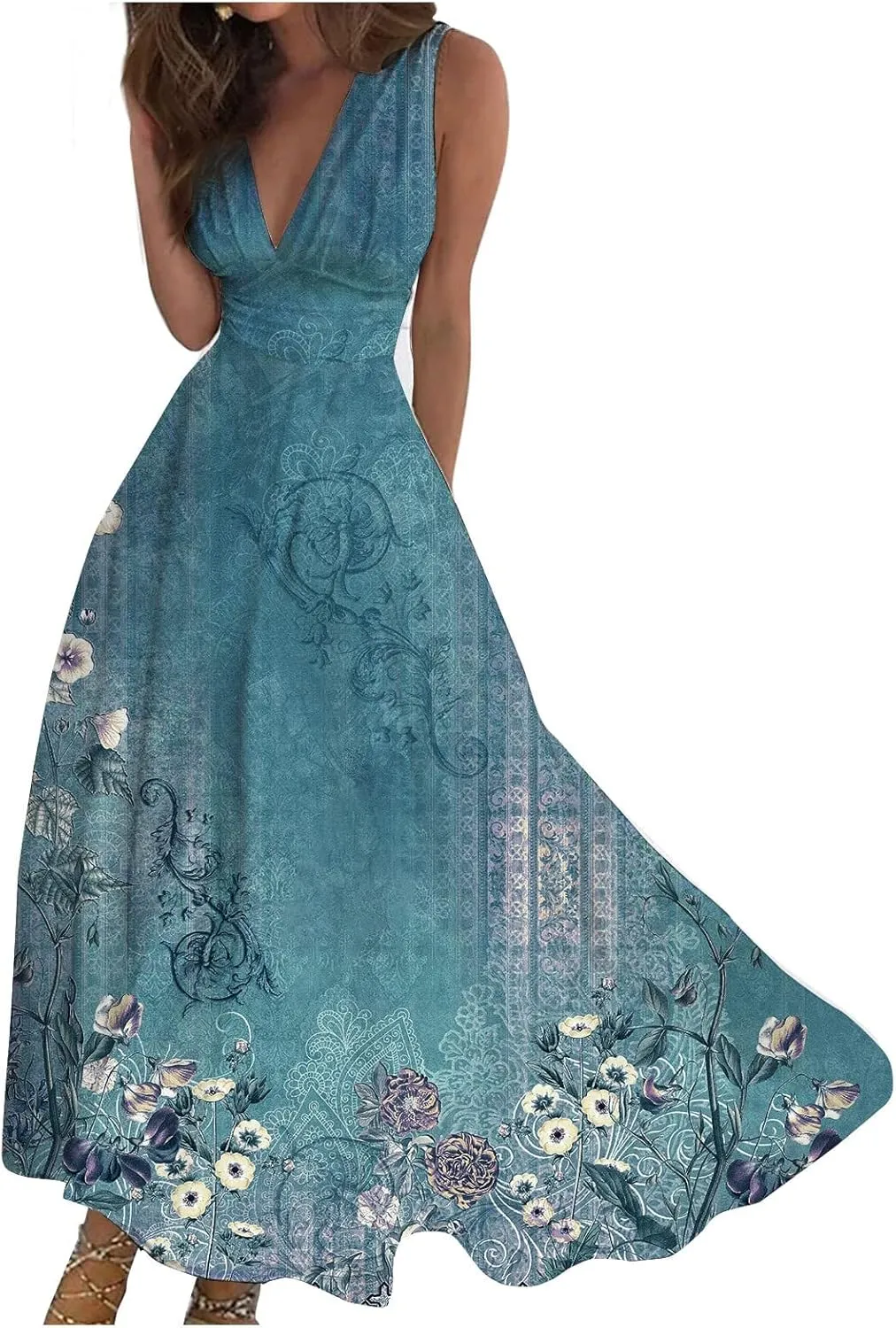 Womens Dresses High Waiste Printed Sundresses Deep V Neck Sleeveless Dresses Flowy Stylish Dresses Retro Maxi Dress