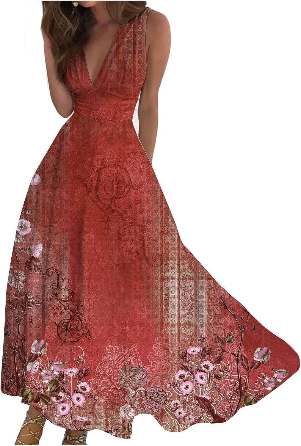 Womens Dresses High Waiste Printed Sundresses Deep V Neck Sleeveless Dresses Flowy Stylish Dresses Retro Maxi Dress