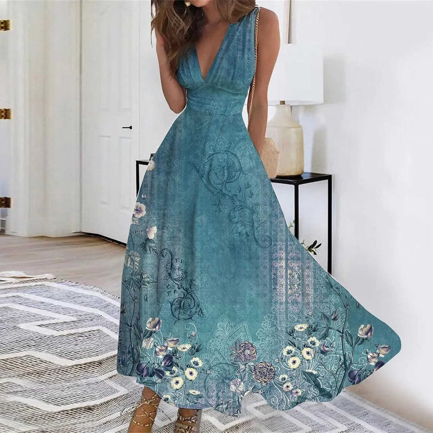 Womens Dresses High Waiste Printed Sundresses Deep V Neck Sleeveless Dresses Flowy Stylish Dresses Retro Maxi Dress