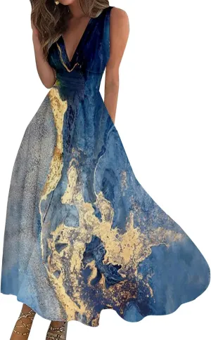 Womens Dresses High Waiste Printed Sundresses Deep V Neck Sleeveless Dresses Flowy Stylish Dresses Retro Maxi Dress