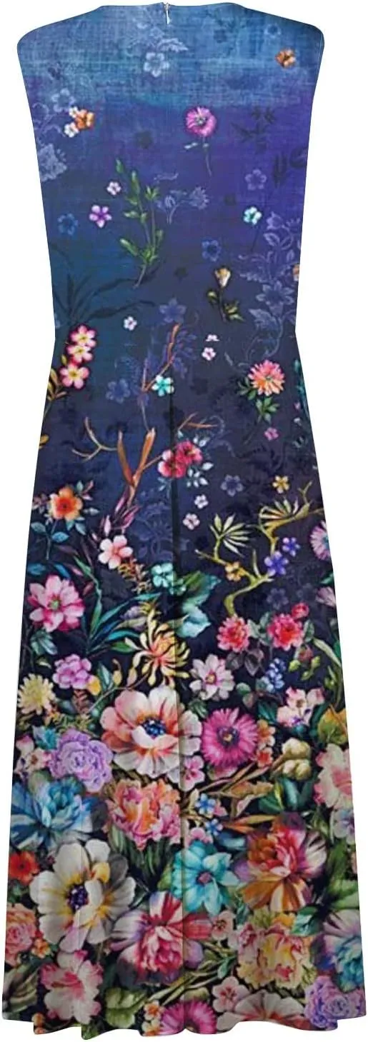 Womens Dresses High Waiste Printed Sundresses Deep V Neck Sleeveless Dresses Flowy Stylish Dresses Retro Maxi Dress