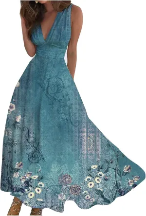 Womens Dresses High Waiste Printed Sundresses Deep V Neck Sleeveless Dresses Flowy Stylish Dresses Retro Maxi Dress