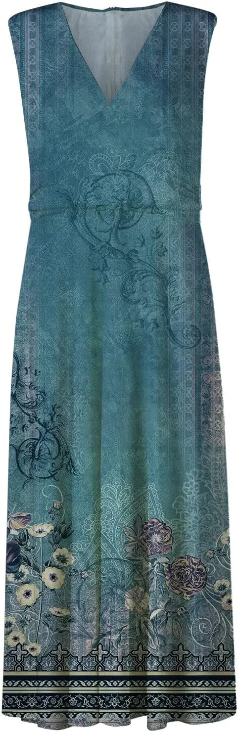 Womens Dresses High Waiste Printed Sundresses Deep V Neck Sleeveless Dresses Flowy Stylish Dresses Retro Maxi Dress