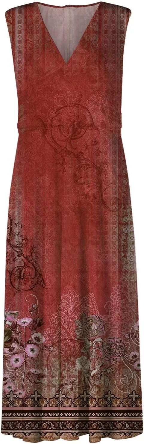 Womens Dresses High Waiste Printed Sundresses Deep V Neck Sleeveless Dresses Flowy Stylish Dresses Retro Maxi Dress