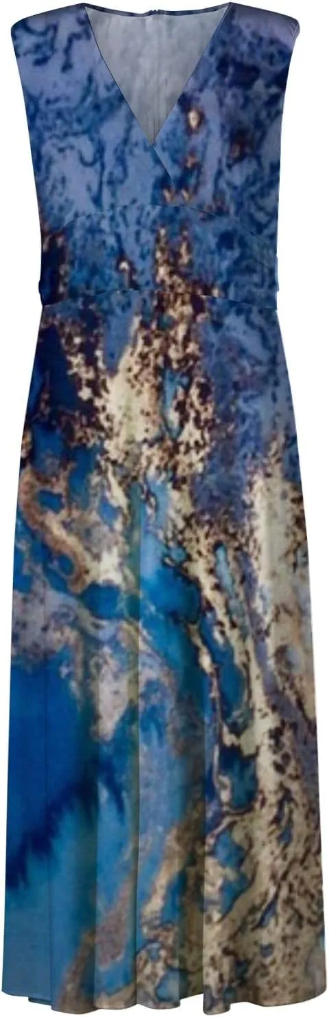 Womens Dresses High Waiste Printed Sundresses Deep V Neck Sleeveless Dresses Flowy Stylish Dresses Retro Maxi Dress