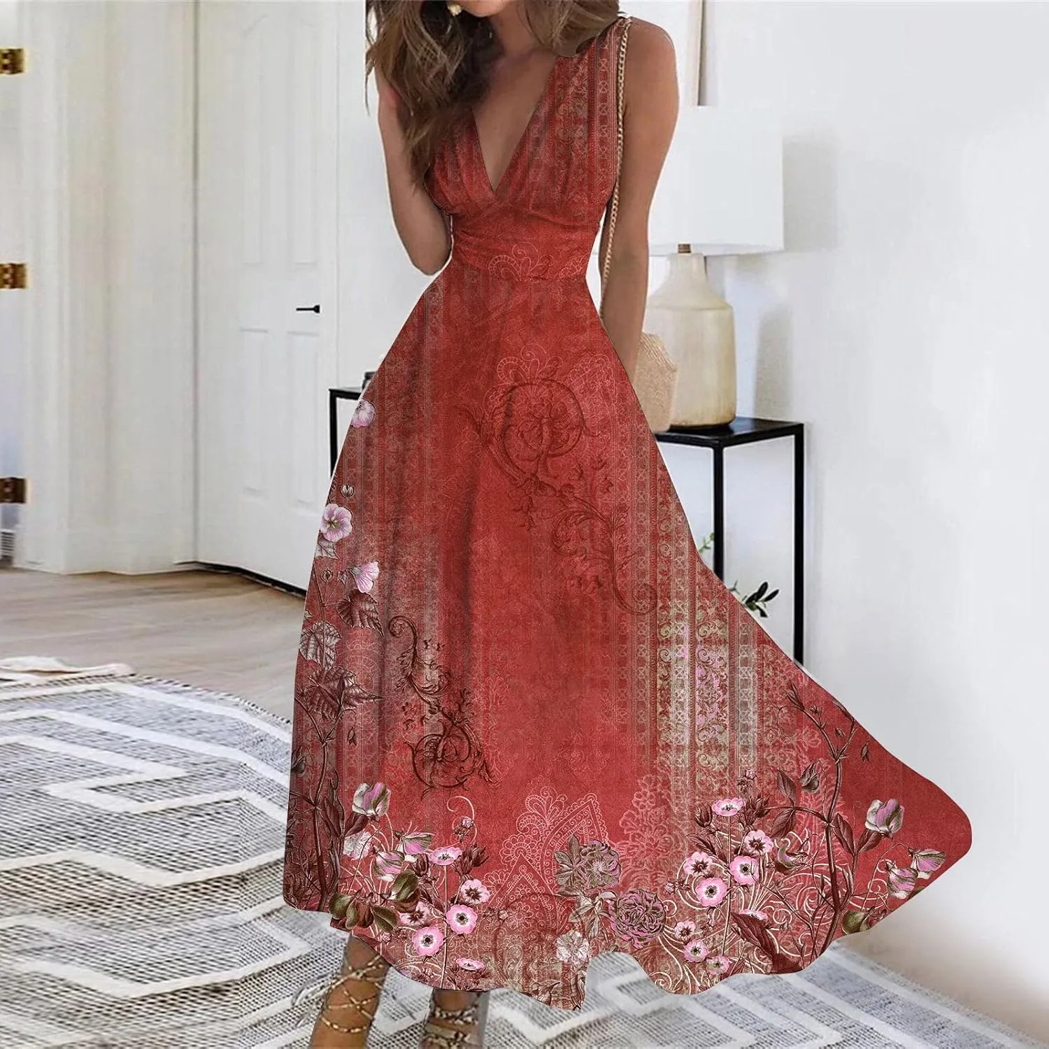 Womens Dresses High Waiste Printed Sundresses Deep V Neck Sleeveless Dresses Flowy Stylish Dresses Retro Maxi Dress