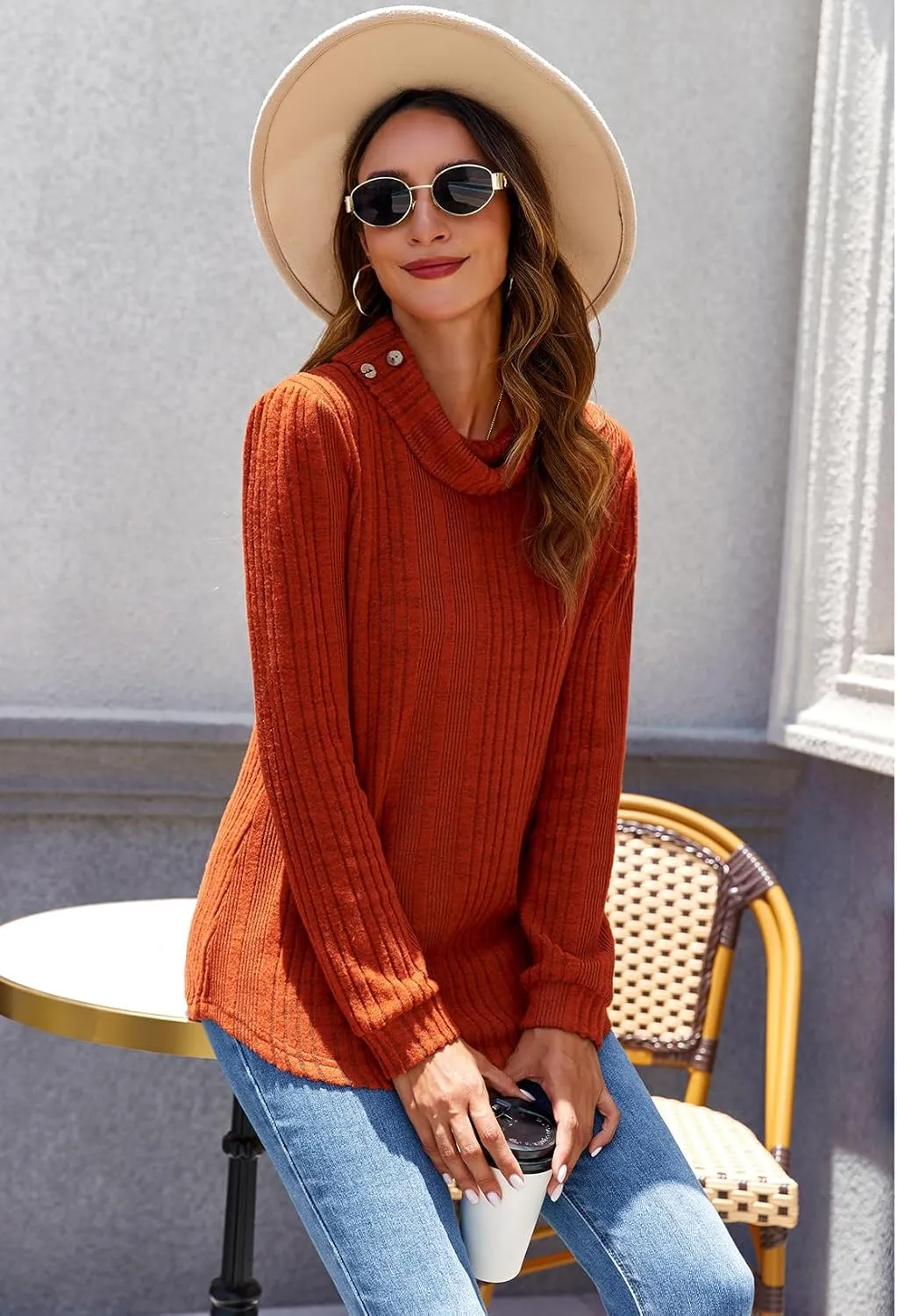 Women's Fall Sweaters 2024 Turtleneck Tunics Tops for Leggings for Women Button Casual Pullover Sweatshirts