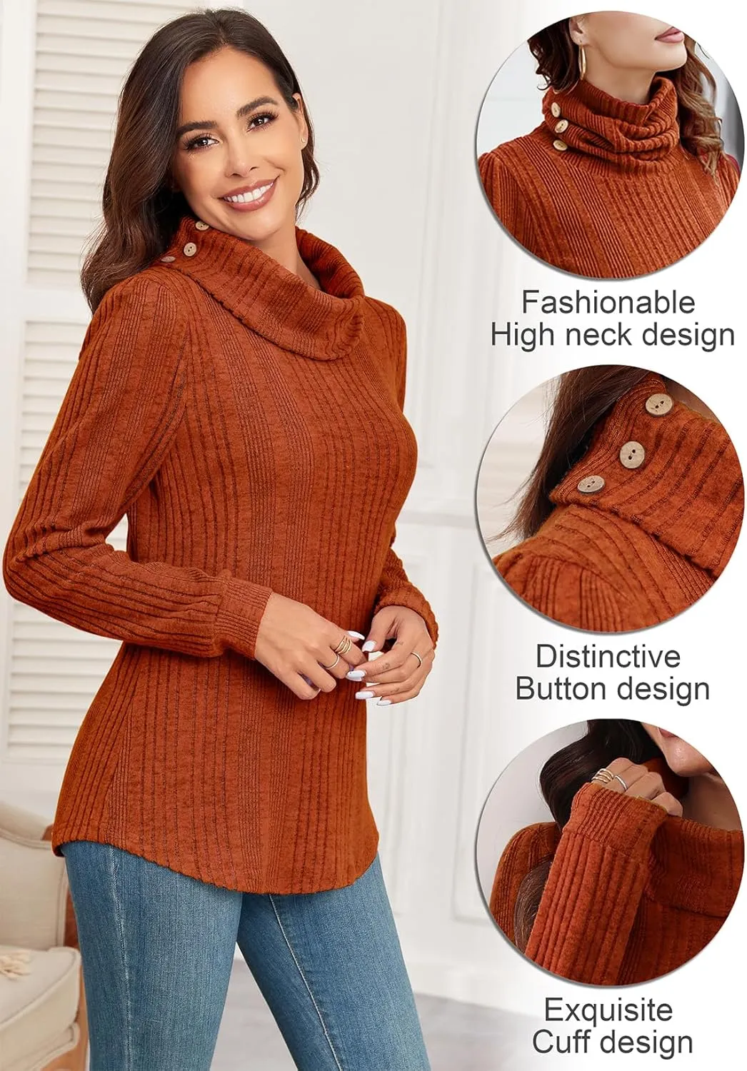 Women's Fall Sweaters 2024 Turtleneck Tunics Tops for Leggings for Women Button Casual Pullover Sweatshirts