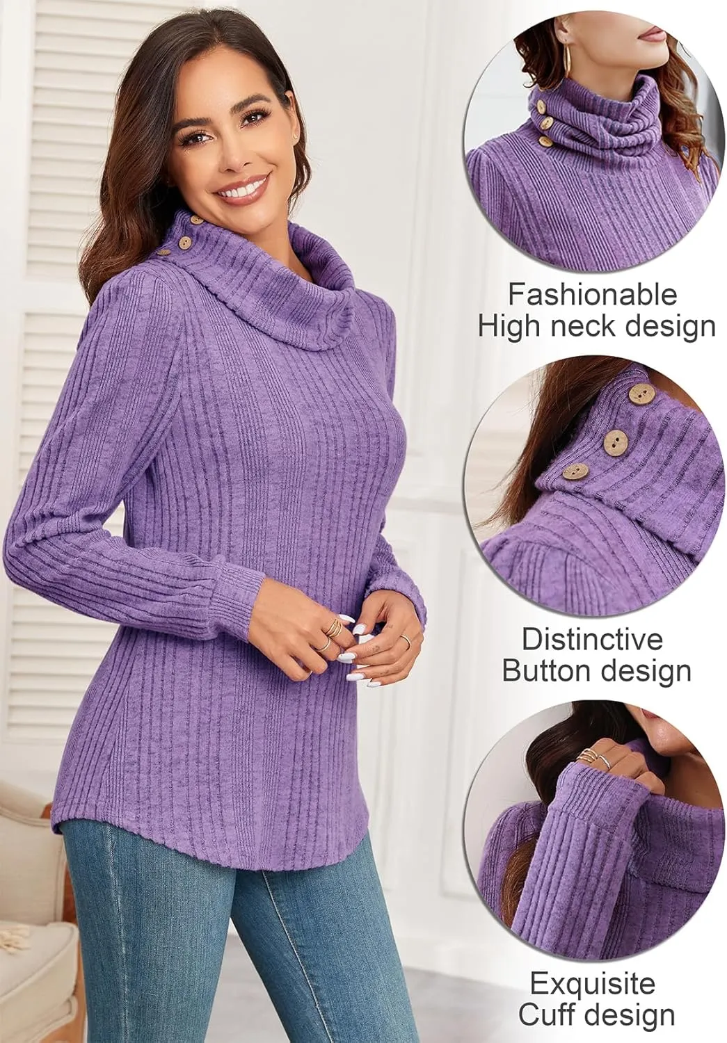 Women's Fall Sweaters 2024 Turtleneck Tunics Tops for Leggings for Women Button Casual Pullover Sweatshirts