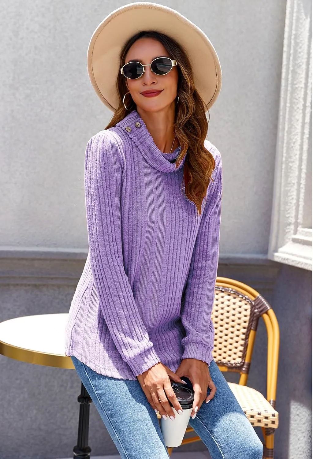 Women's Fall Sweaters 2024 Turtleneck Tunics Tops for Leggings for Women Button Casual Pullover Sweatshirts