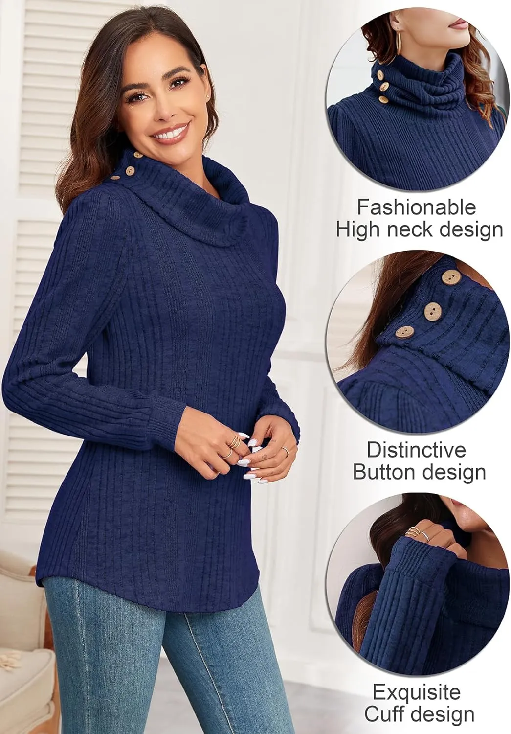 Women's Fall Sweaters 2024 Turtleneck Tunics Tops for Leggings for Women Button Casual Pullover Sweatshirts