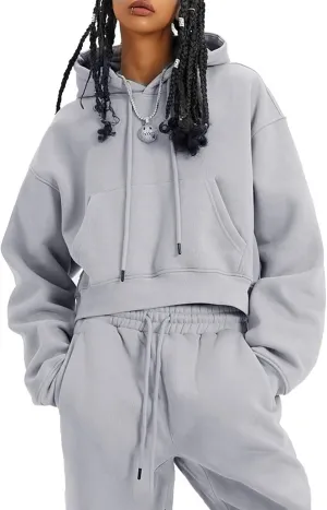 Womens Fleece 2 Piece Outfits Lounge Sets Crop Hoodies Tops Elastic Waist Jogger Pant Sweatsuits