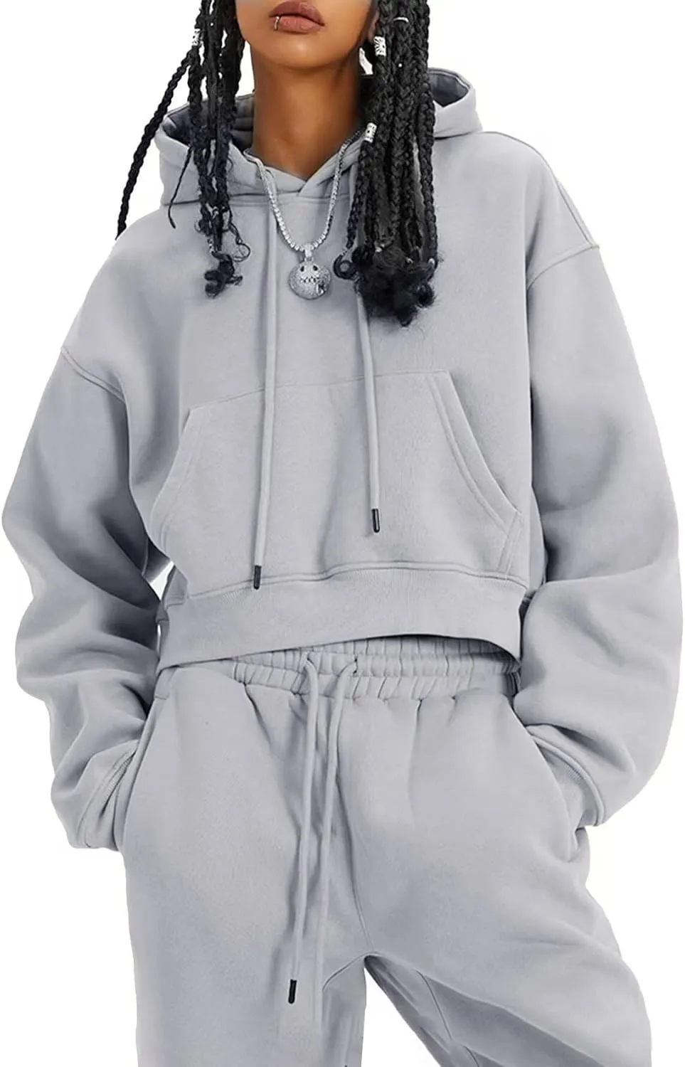 Womens Fleece 2 Piece Outfits Lounge Sets Crop Hoodies Tops Elastic Waist Jogger Pant Sweatsuits