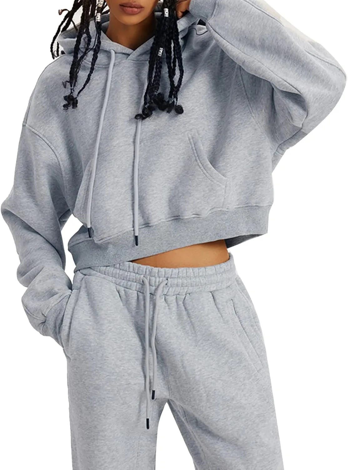 Womens Fleece 2 Piece Outfits Lounge Sets Crop Hoodies Tops Elastic Waist Jogger Pant Sweatsuits