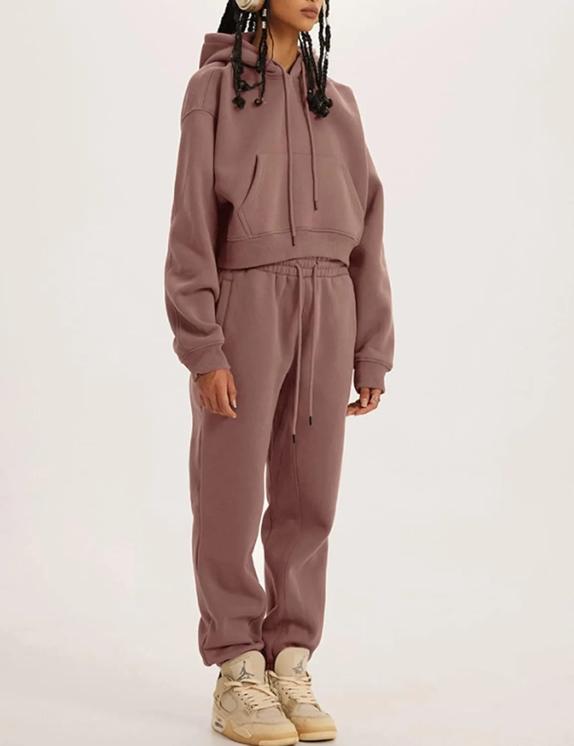 Womens Fleece 2 Piece Outfits Lounge Sets Crop Hoodies Tops Elastic Waist Jogger Pant Sweatsuits