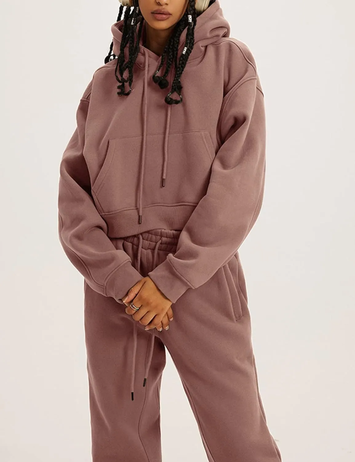 Womens Fleece 2 Piece Outfits Lounge Sets Crop Hoodies Tops Elastic Waist Jogger Pant Sweatsuits