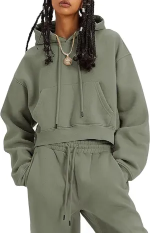Womens Fleece 2 Piece Outfits Lounge Sets Crop Hoodies Tops Elastic Waist Jogger Pant Sweatsuits