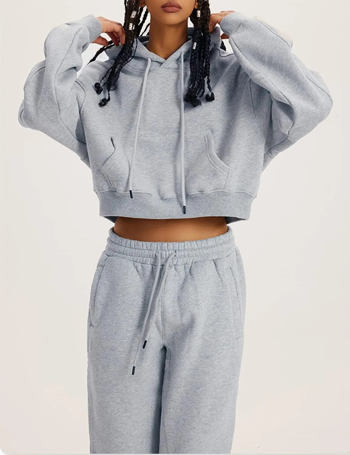 Womens Fleece 2 Piece Outfits Lounge Sets Crop Hoodies Tops Elastic Waist Jogger Pant Sweatsuits