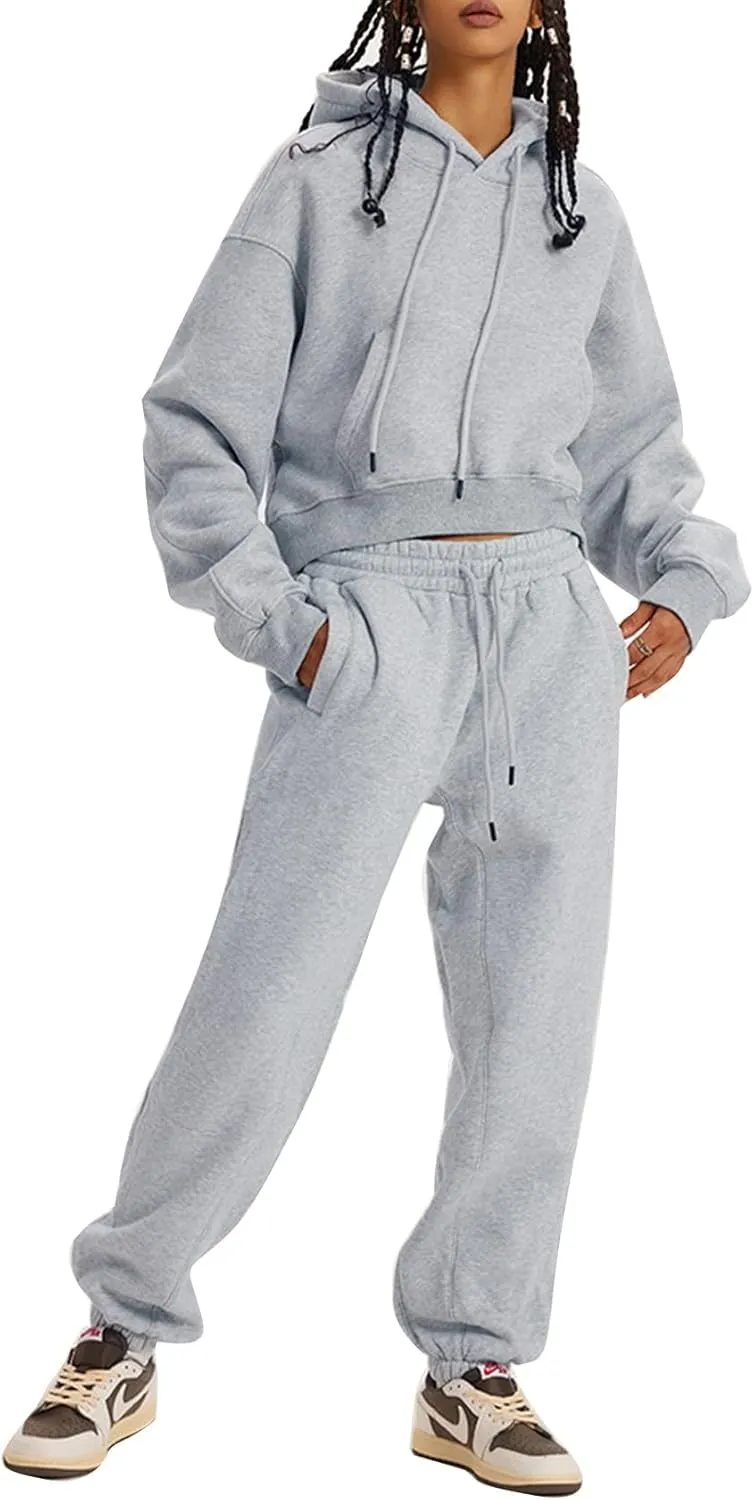 Womens Fleece 2 Piece Outfits Lounge Sets Crop Hoodies Tops Elastic Waist Jogger Pant Sweatsuits