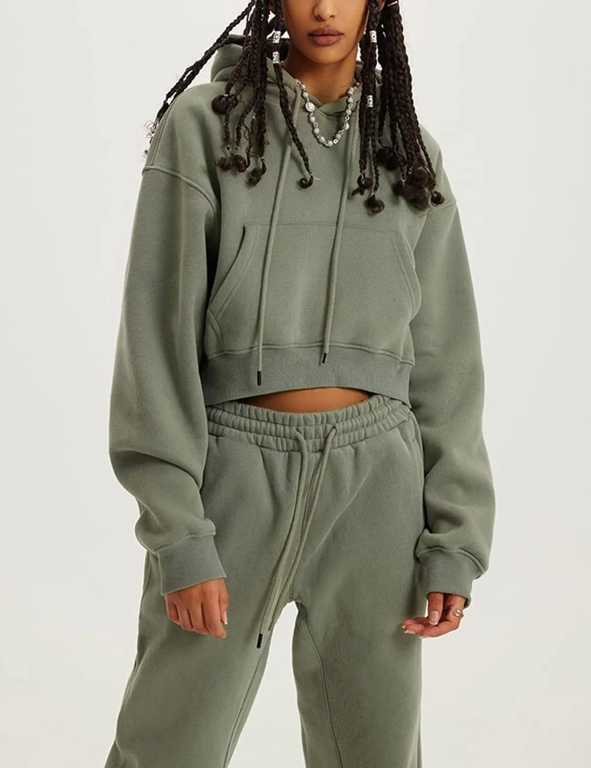 Womens Fleece 2 Piece Outfits Lounge Sets Crop Hoodies Tops Elastic Waist Jogger Pant Sweatsuits