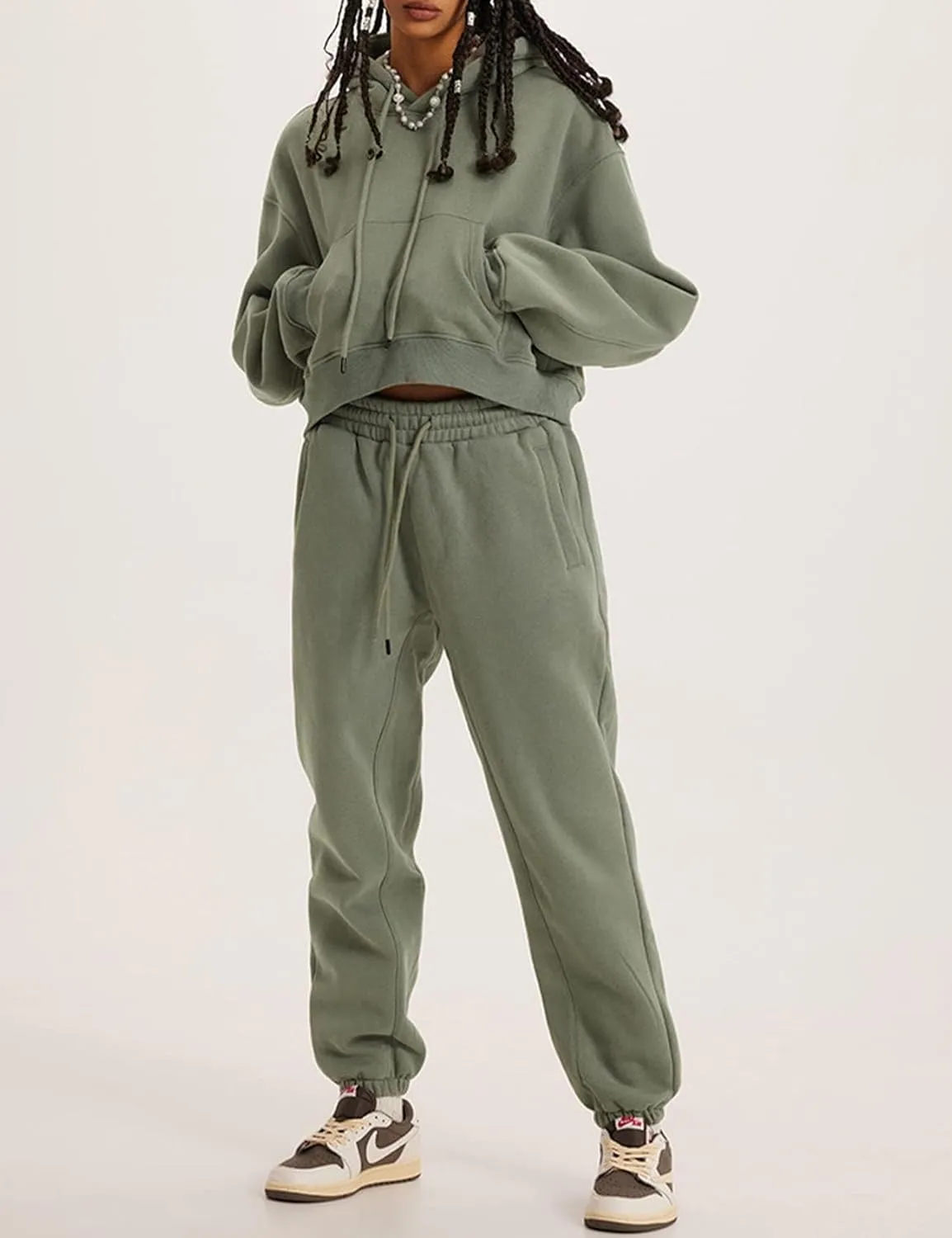 Womens Fleece 2 Piece Outfits Lounge Sets Crop Hoodies Tops Elastic Waist Jogger Pant Sweatsuits