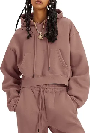 Womens Fleece 2 Piece Outfits Lounge Sets Crop Hoodies Tops Elastic Waist Jogger Pant Sweatsuits