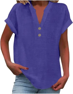 Womens Four Seasons Solid Collar Button Short Sleeve Shirt Tee