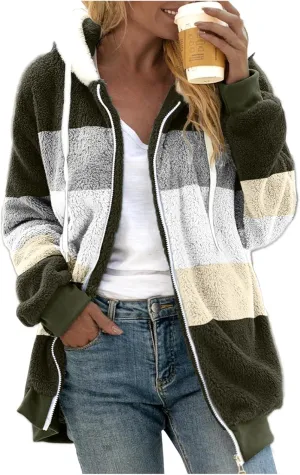 Womens Fuzzy Fleece Jacket Solid Color Artificial Wool Zipper Drawstring Long-Sleeved Hoodie Outerwear with Ladies